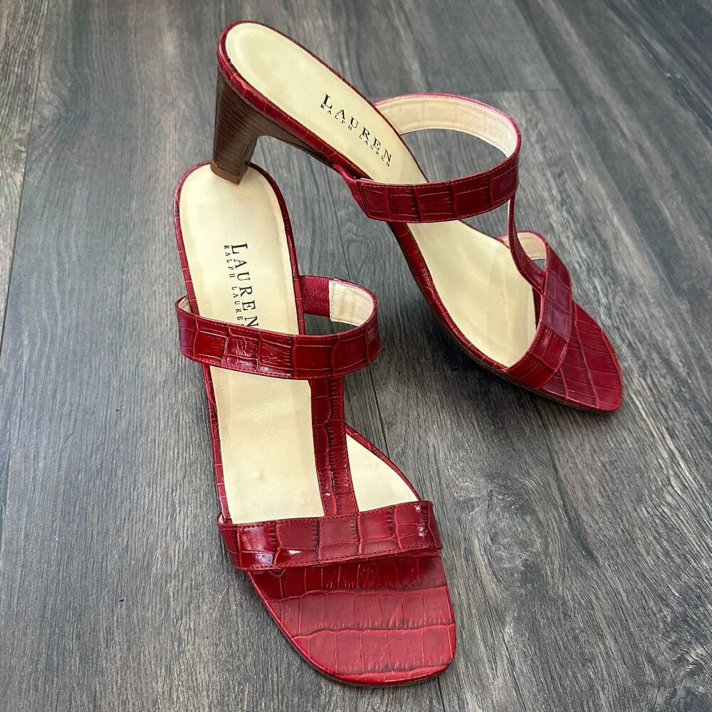 Y2K LRL Red T-Strap Heels Croc-Embossed Alligator Mule Sandals Square Toe Sz 10